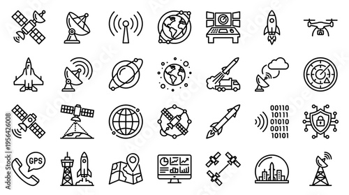 Collection of technology and space exploration icons including satellites rockets drones and communication systems representing innovation and global connectivity