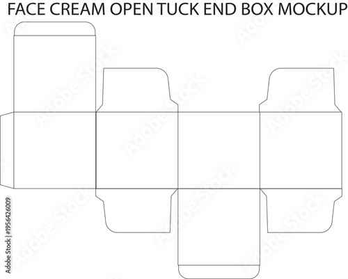 Face cream open tuck end box mockup packaging dyeline template with technical cut lines for cosmetic product design