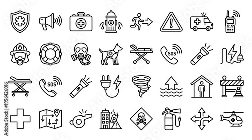 Collection of emergency and safety icons representing rescue services, medical aid, natural disasters, and protective measures for public safety and disaster preparedness