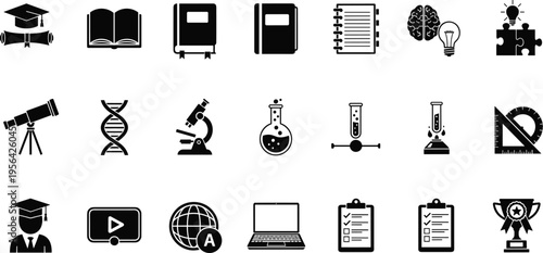 Education and science icon set featuring graduation cap books microscope telescope dna helix and laptop silhouettes for university school learning and research laboratory designs.
