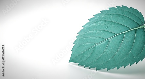 Close up of a single turquoise leaf with water droplets on a clean white background, symbolizing nature and freshness