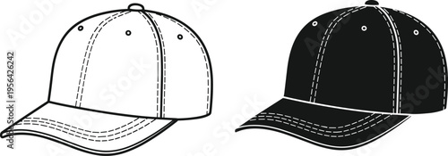 Baseball cap vector template set with outline and black silhouette views isolated on white for apparel design branding mockup and streetwear fashion merchandise