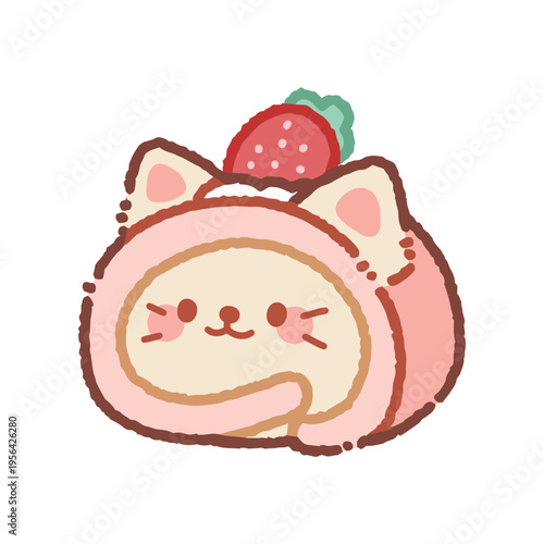 Vector illustration of cute kawaii cat emoji with Swiss roll