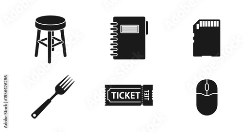 Black icons of everyday objects on white background including stool notebook sim card fork ticket and computer mouse
