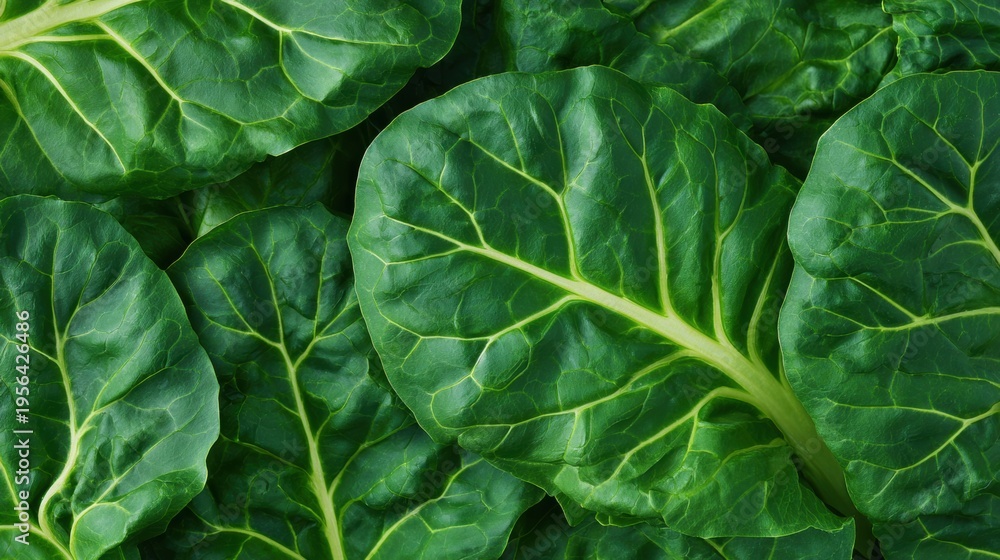 Fototapeta premium Fresh green chard leaves background. Organic leafy vegetable top view. Raw healthy food ingredient for culinary creative kitchen cooking. Natural plant texture for diet nutrition concept.