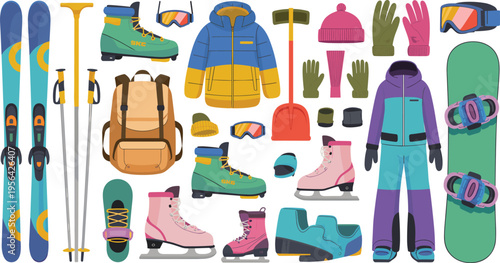 Winter sports equipment collection, skiing snowboarding gear set, cold weather apparel, mountain adventure illustration isolated