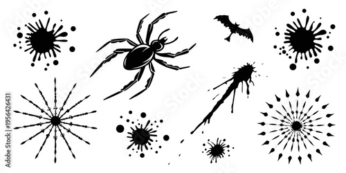 A collection of high-contrast black ink silhouettes and artistic splatters on a clean white background. This set features a detailed spider and a flying bat silhouette, combined with various grunge