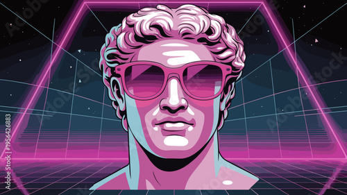 Neo-classical marble bust in vaporwave style with neon accents – Ideal for digital art blogs, streetwear apparel designs, or modern interior decor.