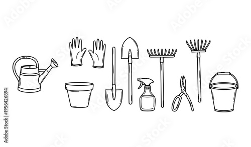 Garden Tools Doodle Set Hand Drawn Gardening Line Art Vector Illustration