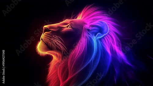 Vibrant Neon Lion Artistic Colorful Portrait