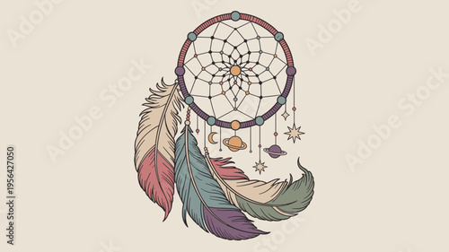 Bohemian dreamcatcher with planet and star charms – Perfect for mystical home decor, astrology blogs, or celestial jewelry branding.