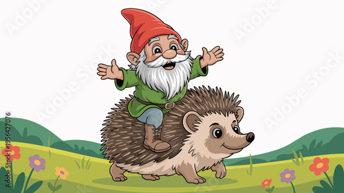 Joyful gnome riding forest hedgehog vector – Great for greeting cards, outdoor adventure blogs, or whimsical apparel prints.