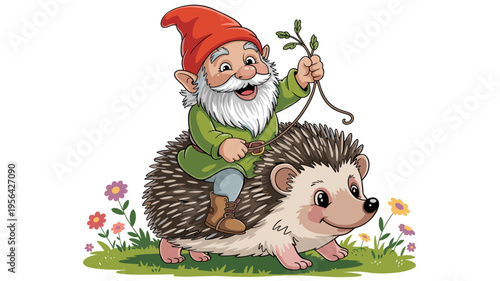 Cute gnome on hedgehog in wildflower meadow – Suitable for spring event flyers, character design portfolios, or puzzle art.