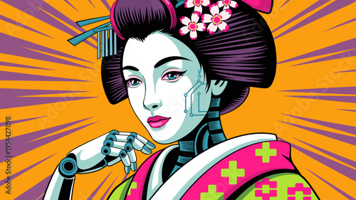 Pop art robotic geisha with neon accents – Perfect for cyberpunk posters, futuristic tech branding, or urban fashion graphics.