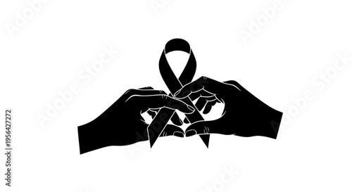 Hands Holding Black Awareness Ribbon.