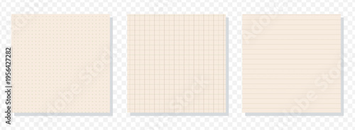 Set of three paper sticky notes with dot grid and lined patterns on transparent background