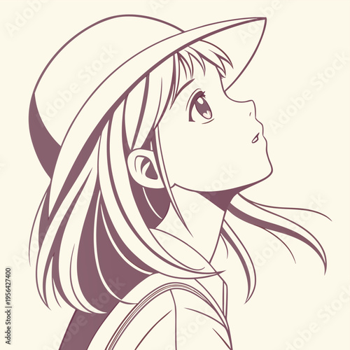 Anime girl with a hat looks upwards in a line art style