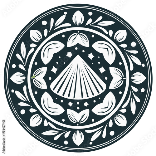 Traditional Asian conical hat motif with floral and star patterns, elegant circular design