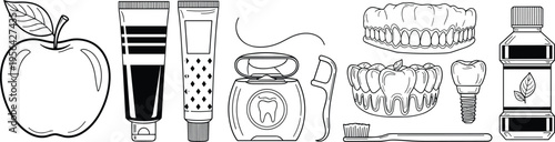 Black and white dental hygiene illustration featuring apple, toothpaste tubes, dental floss, flosser, dentures, implant, toothbrush, and mouthwash oral care design