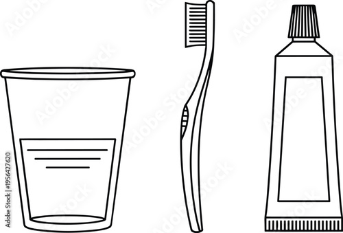 Black and white dental hygiene illustration featuring toothbrush, toothpaste tube, and drinking cup with liquid, oral care health routine clean design concept