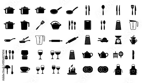 Kitchen and cooking utensil icons set in black silhouette style with cookware tools and tableware vector collection