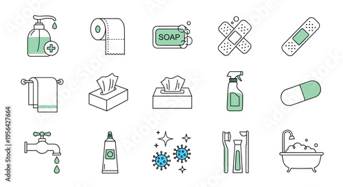 Black and white hygiene and health icon collection featuring sanitizer, soap, tissues, bandages, faucet, toothpaste, toothbrush, bathtub, virus cleanliness design
