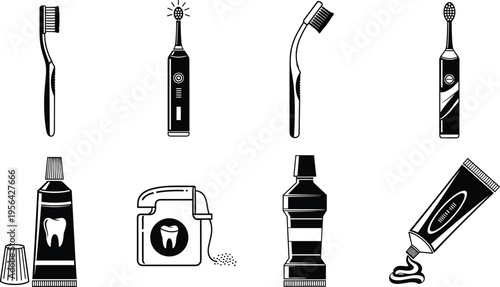 Black and white silhouette illustration of dental hygiene items including toothbrushes, toothpaste, dental floss, and mouthwash, oral care health routine design