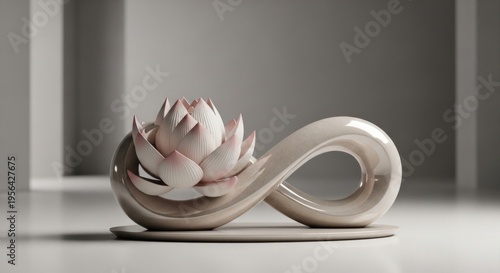 Elegant lotus flower sculpture in the shape of infinity symbol on a grey background