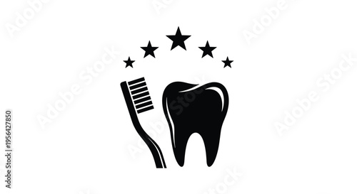Black silhouette dental care logo featuring toothbrush and tooth with five stars above, oral hygiene cleanliness quality dentistry health design concept
