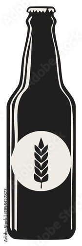 Minimalist Dark Beer Bottle with Wheat Ear Symbol, Brewing Concept Illustration
