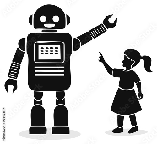 Friendly robot and child pointing together towards the future with optimism