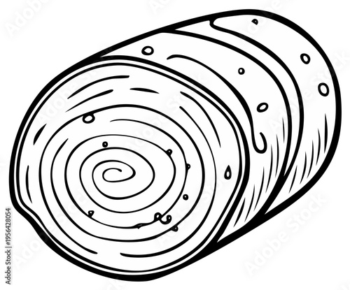 Line art drawing of a sliced Swiss roll cake with visible spiral layers and frosting details