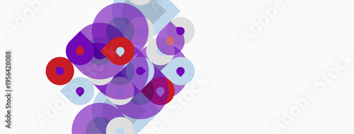 Abstract composition featuring overlapping purple, lilac circles. Red accents provide contrast against white background. Modern, minimalist design.
