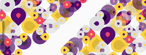 Abstract pattern features colorful circles, squares, dots. Diagonal lines create dynamic visual texture. Bright hues dominate composition.