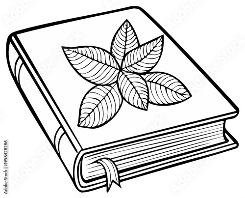 Black and white outline drawing of a hardcover book featuring a decorative botanical leaf design.