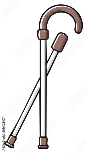 Two crossed brown and silver walking canes for mobility assistance and walking support aid for health