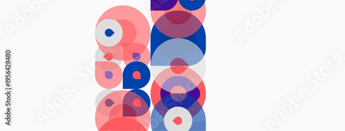 Abstract composition featuring overlapping circles. Pink, blue hues dominate design. Minimalist aesthetic, clean background present.