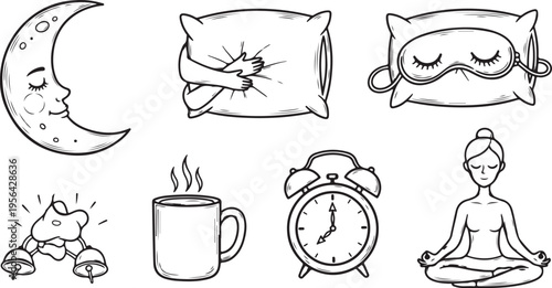 A calming collection of hand-drawn wellness icons featuring a crescent moon, cozy pillows, a sleep mask, steaming coffee, an alarm clock, and a person in a meditation pose.
