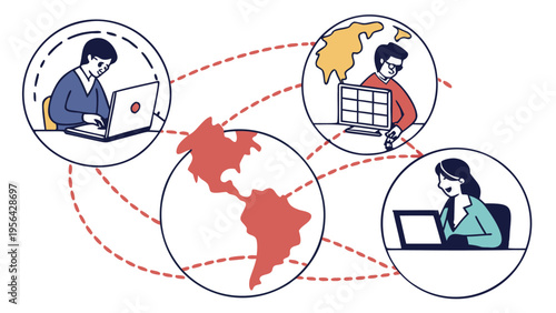 A global business network of diverse people and successful businessmen collaborating around a 3d earth globe map illustration concept