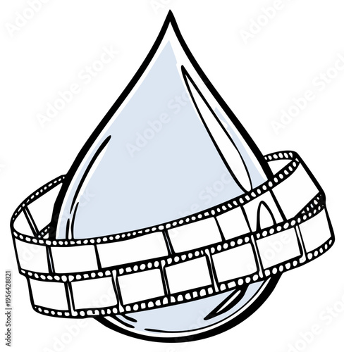 Water drop and film reel illustration symbolizing cinematic storytelling and liquid motion