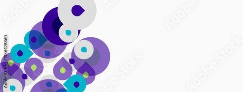 Abstract circles, varying shades purple, teal, white. Composition leans toward upper left corner. Minimalist design, clean background.