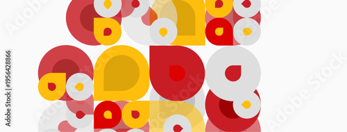 Abstract pattern features overlapping circles. Red, yellow, beige hues create playful composition. Simple shapes dominate visual space.