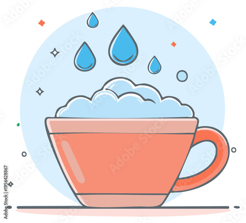 Cartoon Illustration of Hot Beverage Cup with Foam and Water Drops in a Clean Background