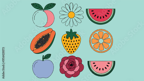 Colorful Floral and Fruit Illustrations: A vibrant set of minimalist floral and fruit illustrations, showcasing the beauty and diversity of nature's bounty. The illustrations exude a retro aesthetic.