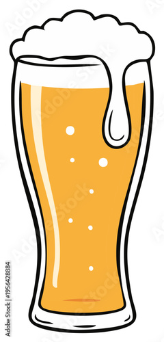 Cartoon illustration of a tall pilsner glass of golden beer with overflowing foam head