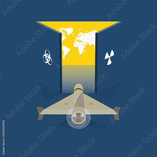 Vector illustration of a military drone flying through an open secure door with bio hazard and radiation symbols, revealing a world map in the background