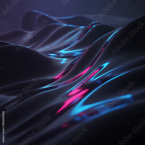 Abstract dark background with smooth flowing liquid shapes and vibrant blue and pink neon lighting
