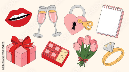 Love's Emblems: A charming, high-angle illustration showcases an array of romantic symbols, perfect for conveying themes of affection, celebration, and cherished memories.
