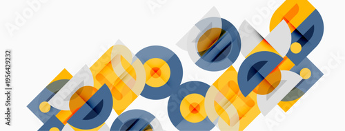 Abstract geometric shapes overlap, creating dynamic visual texture. Yellows, blues dominate composition. Minimalist design.