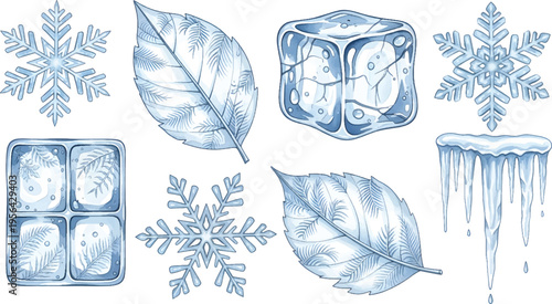 Vector Illustration Collection of Frozen Winter Elements with Snowflakes and Ice Cubes